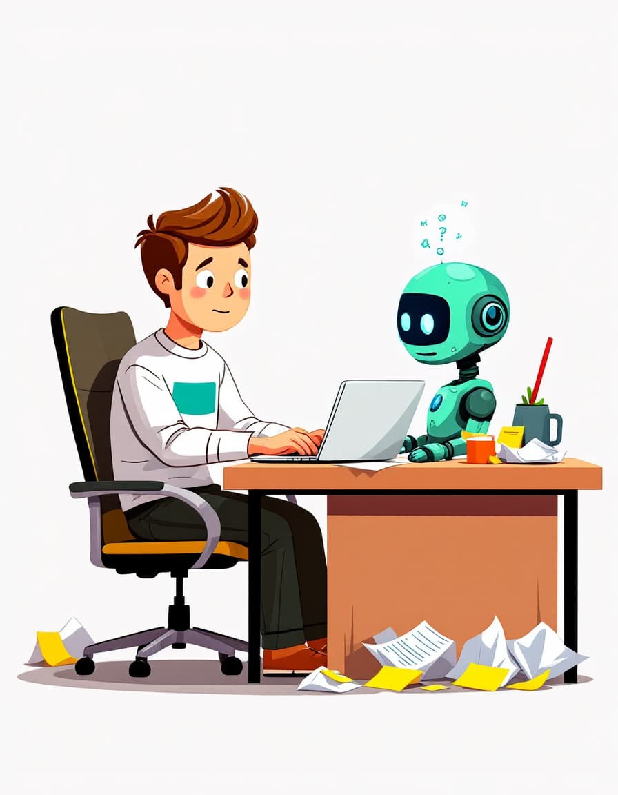 Šaljiva ilustracija: zaposleni preizkuša AI, robot le skomigne z rameni – nobenih rezultatov